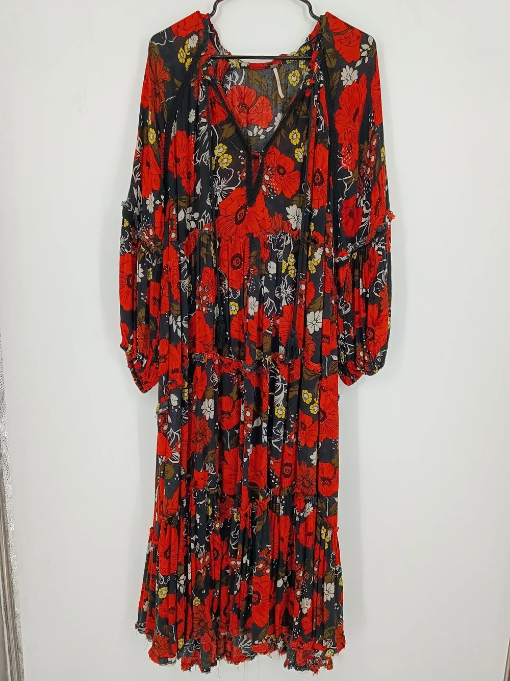 Free People Boho Black & Red Floral Long Sleeve Maxi Dress Oversized Sz L